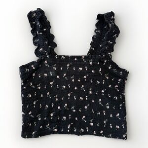 Hollister Black Floral Ruched  Cropped Tank Top Size Medium Summer Feminine